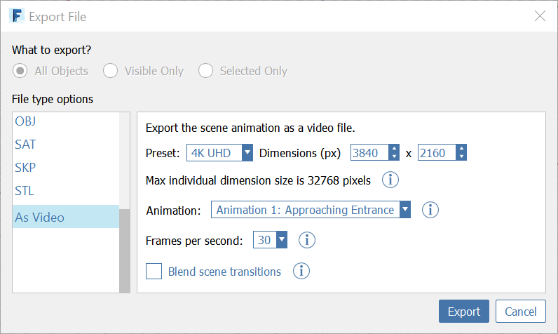 New Animations export dialog