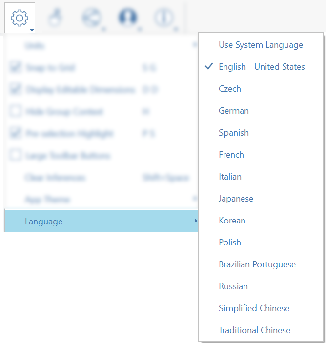 Language options in FormIt: English (US), Czech, German, Spanish, French, Italian, Japanese, Korean, Polish, Brazilian Portuguese, Russian, Simplified Chinese, and Traditional Chinese
